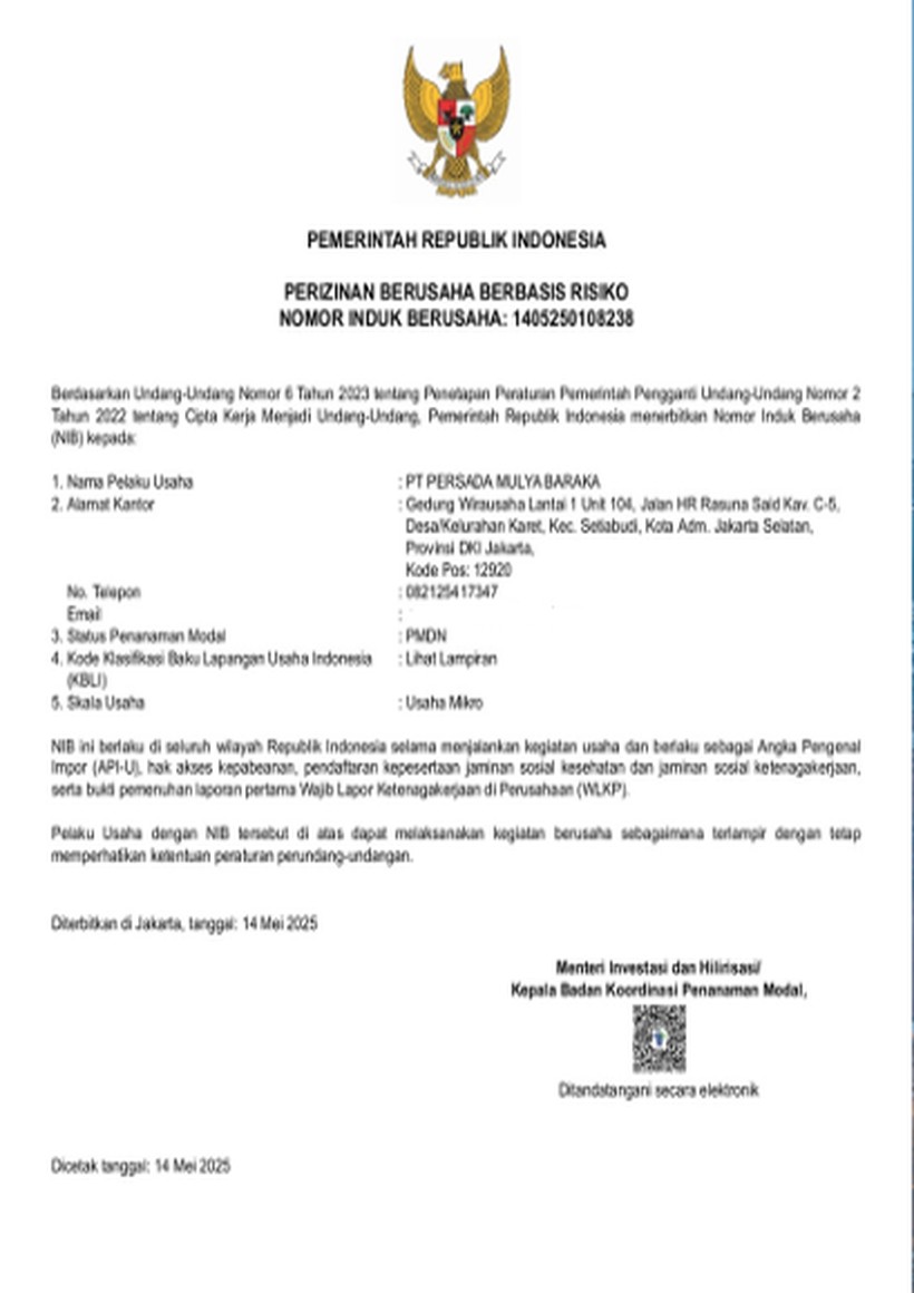 Nomor Induk Berusaha (NIB) — PT Persada Mulya Baraka